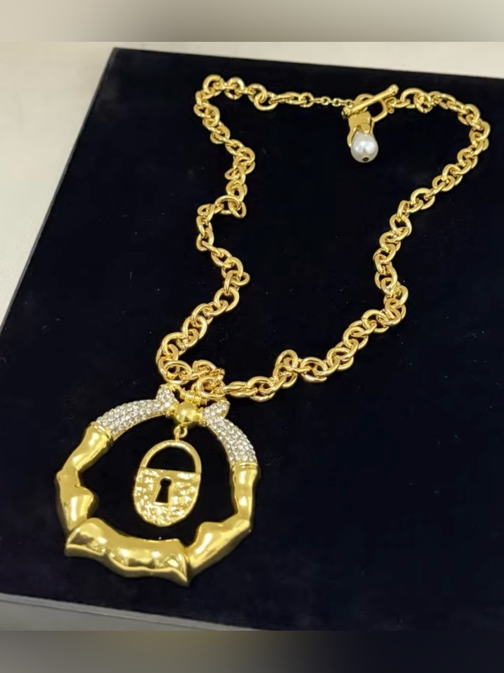 Schiaparelli Inspired Gold-Tone Lock Pendant Necklace with Crystal Accents